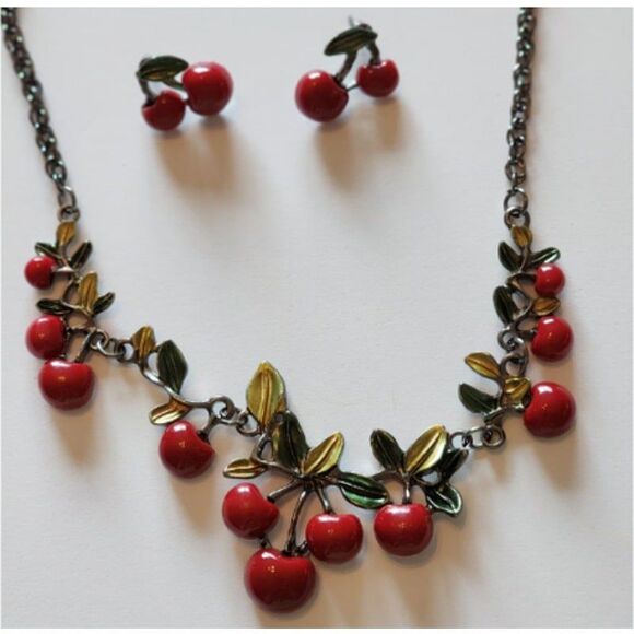 Necklace and Earring Set Cherry Cherries Metal Rockabilly - Picture 3 of 5